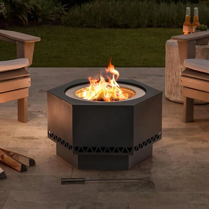 26 Hexagonal Outdoor Wood Burning Fire Pit with Cover and Poker, Smokeless Design, Perfect for Patio and Camping, Black
