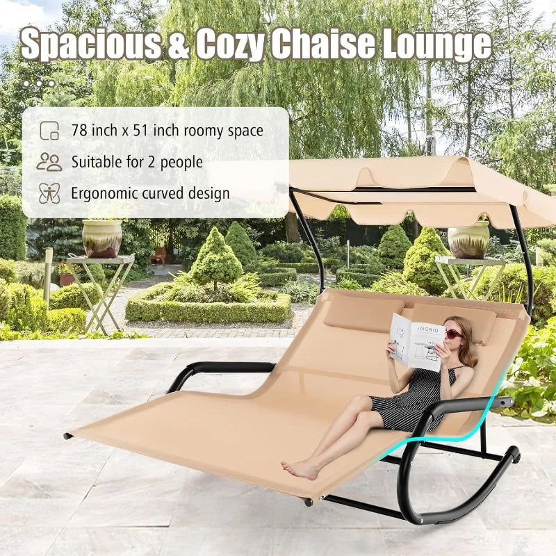 2 Person Lounge Chair with Adjustable Canopy, Outdoor Chaise Lounge with 2 Detachable Pillows and Wheels, Extra Large D