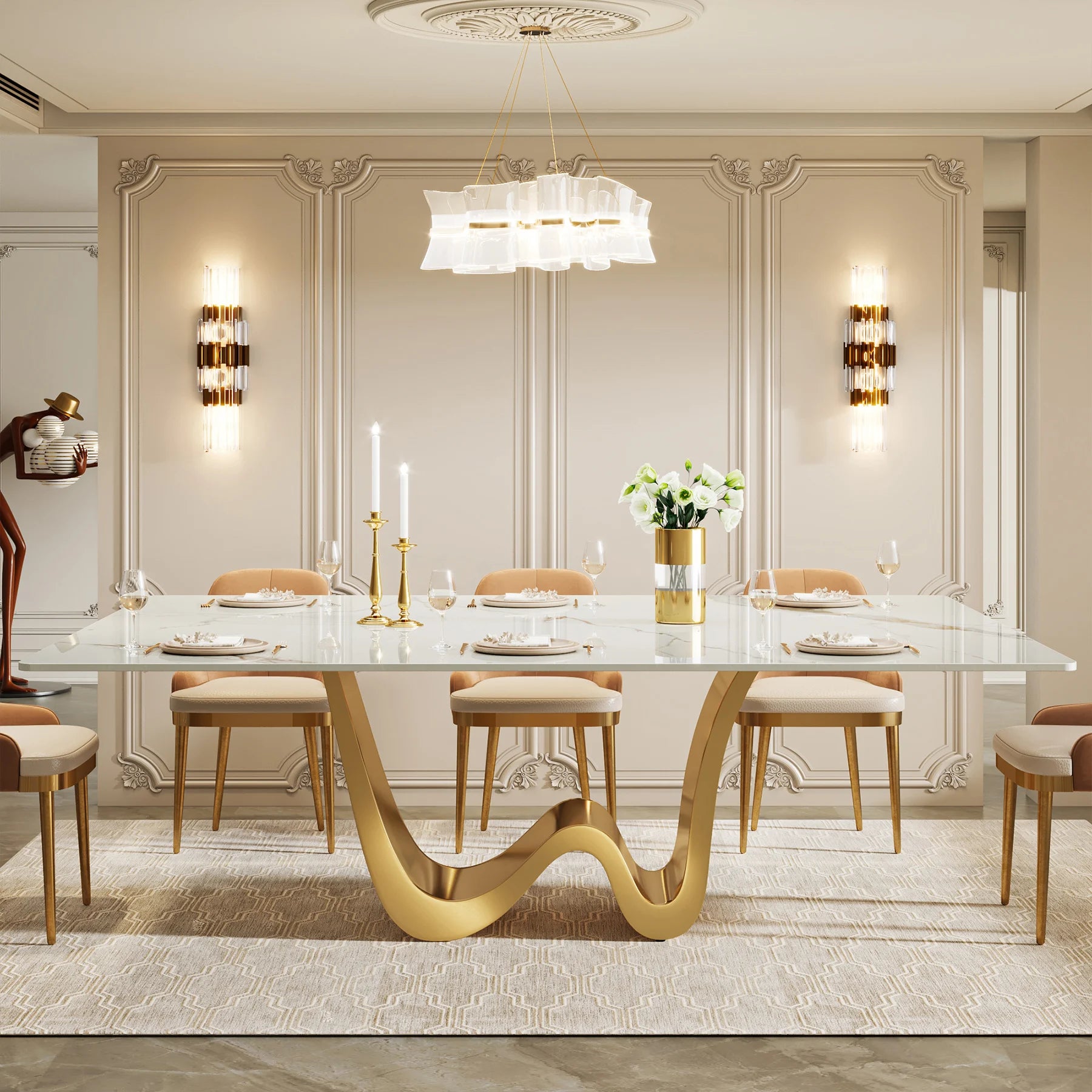 Tribesigns 78.74" Sintered Stone Dining Table for 6-8, Modern Rectangle Dining Table, Luxury White &amp; Gold Kitchen Table