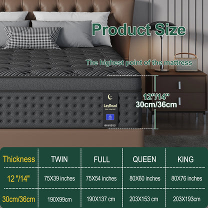 12"14"Twin Full Queen King Size Mattress in a Box Hybrid Spring Memory Foam,Euro Top Mattresses Medium Firm for Motion Isolat