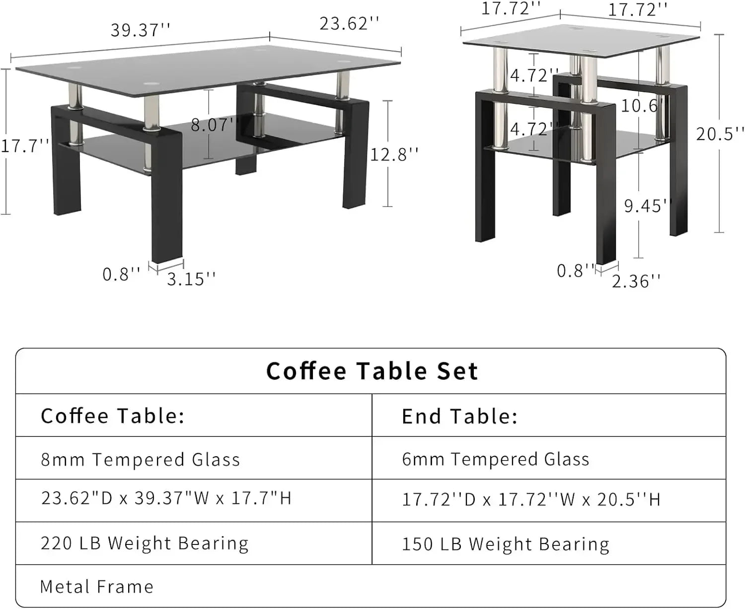 Limited timeBestsellerBlack Glass Coffee Table Set of 3 Piece, Living Room Tables Set of 3 Pcs, Including 1 Coffee Table and 2 E