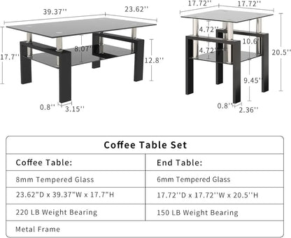 Limited timeBestsellerBlack Glass Coffee Table Set of 3 Piece, Living Room Tables Set of 3 Pcs, Including 1 Coffee Table and 2 E