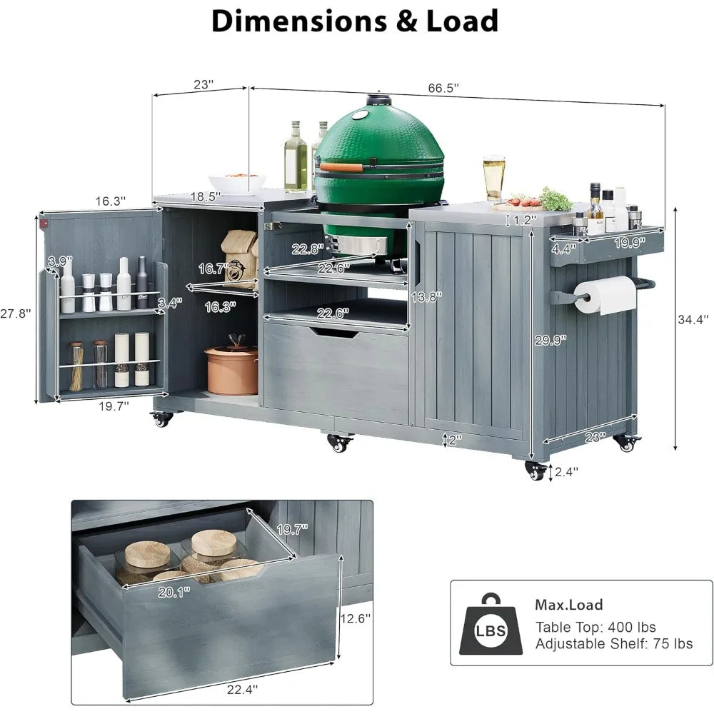 Outdoor Kitchen Island for Big Green Egg Grills, 66.5" Solid Wood Outdoor Grill Table with Stainless Steel Top, Rolling Kitchen
