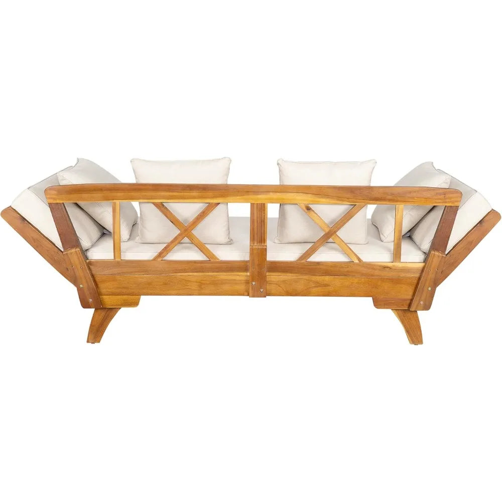 Outdoor Patio Daybed Sofa,3-Seat Sofa with Foldable Arm 4 Back Pillows,Teak Acacia Wood Frame Beige Removable Cushion,Teak+ Bei