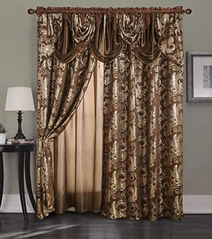 Luxury Jacquard Window Curtain Set with Valance, Brown 2 Panels 55x84 inches for Bedroom Living Room Dining