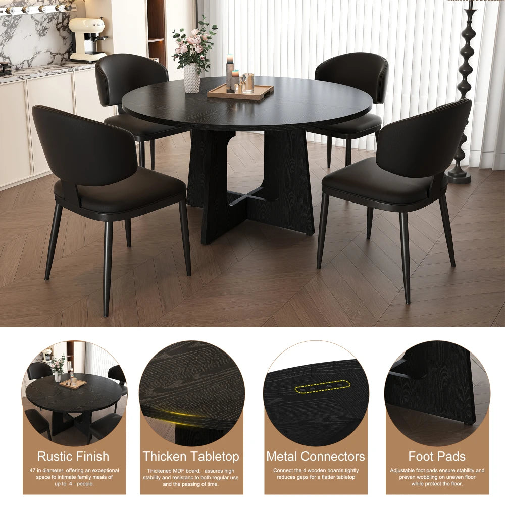 5 Piece Round Dining Table Set for 4, 47 Inch Farmhouse Kitchen Table with 4 Chairs, Black Wood Grain Finish, PU Leather Seats, Easy Assembly