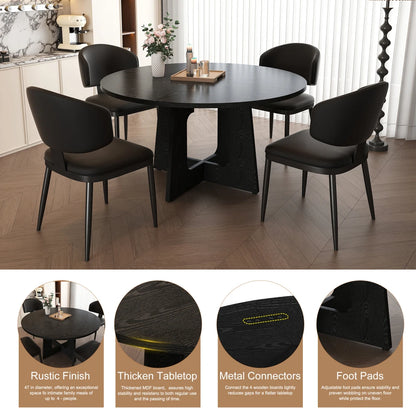 5 Piece Round Dining Table Set for 4, 47 Inch Farmhouse Kitchen Table with 4 Chairs, Black Wood Grain Finish, PU Leather Seats, Easy Assembly