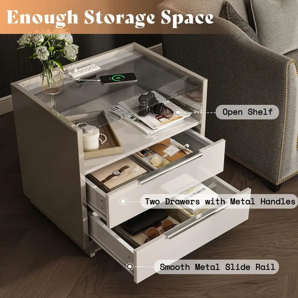 High Gloss 3 Piece Bedroom Furniture Set with 8 Drawer Dresser LED Light &amp; 2 Nightstands Charging Station - Modern Storage