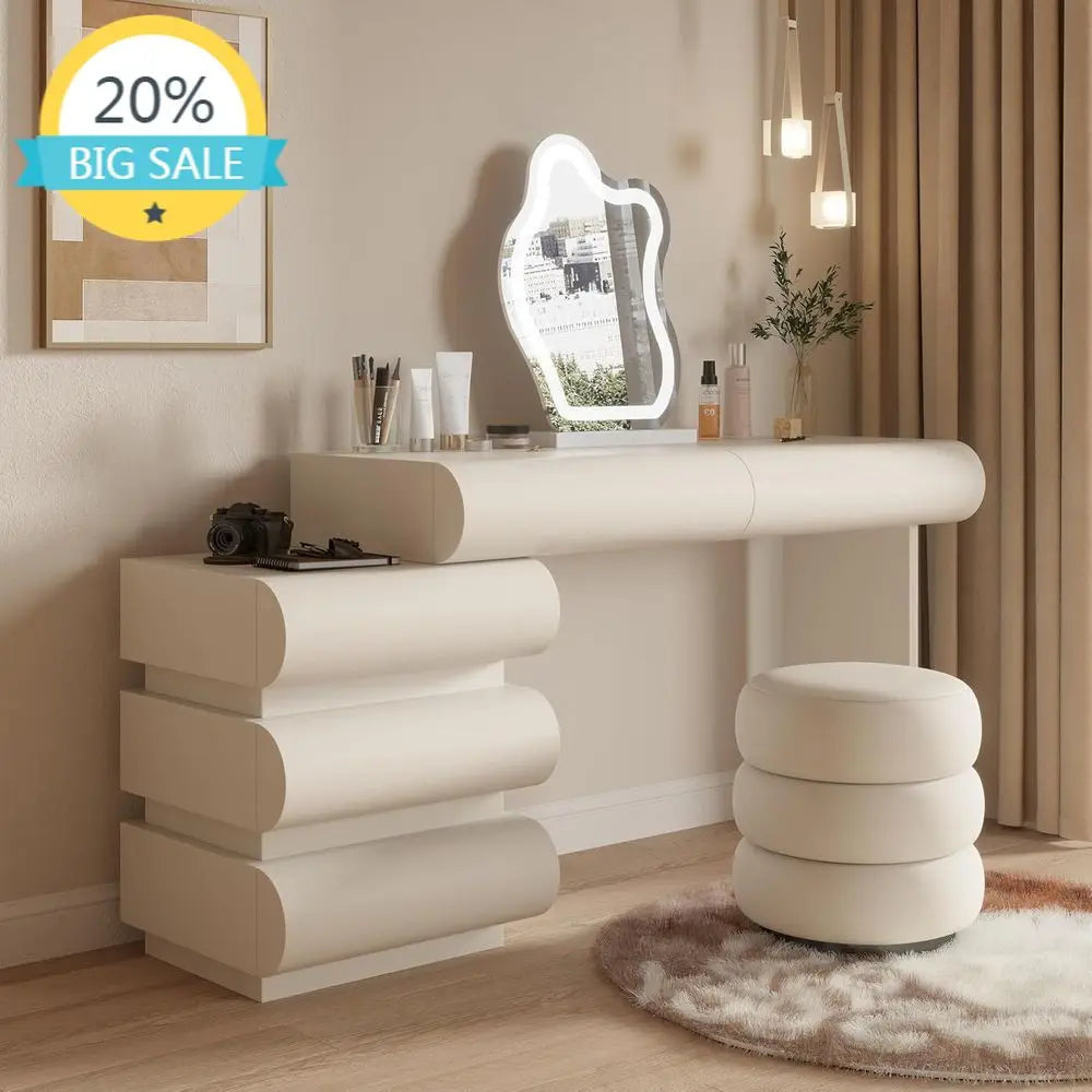 Elegant Makeup Vanity Desk with Illuminated Mirror and Storage, Leather-Clad 5-Drawer Set with Stool, 39.4in White