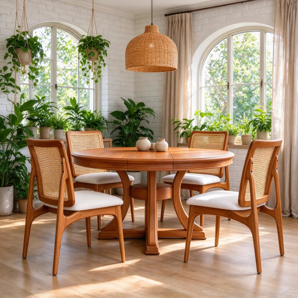 5 Piece Round Extendable Solid Wood Dining Table Set, 4 Rattan Back Chairs With Upholstered Seats, Modern Farmhouse Kitchen Dinner Furniture For Dining Room Kitchen Apartment