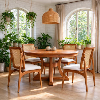5 Piece Round Extendable Solid Wood Dining Table Set, 4 Rattan Back Chairs With Upholstered Seats, Modern Farmhouse Kitchen Dinner Furniture For Dining Room Kitchen Apartment