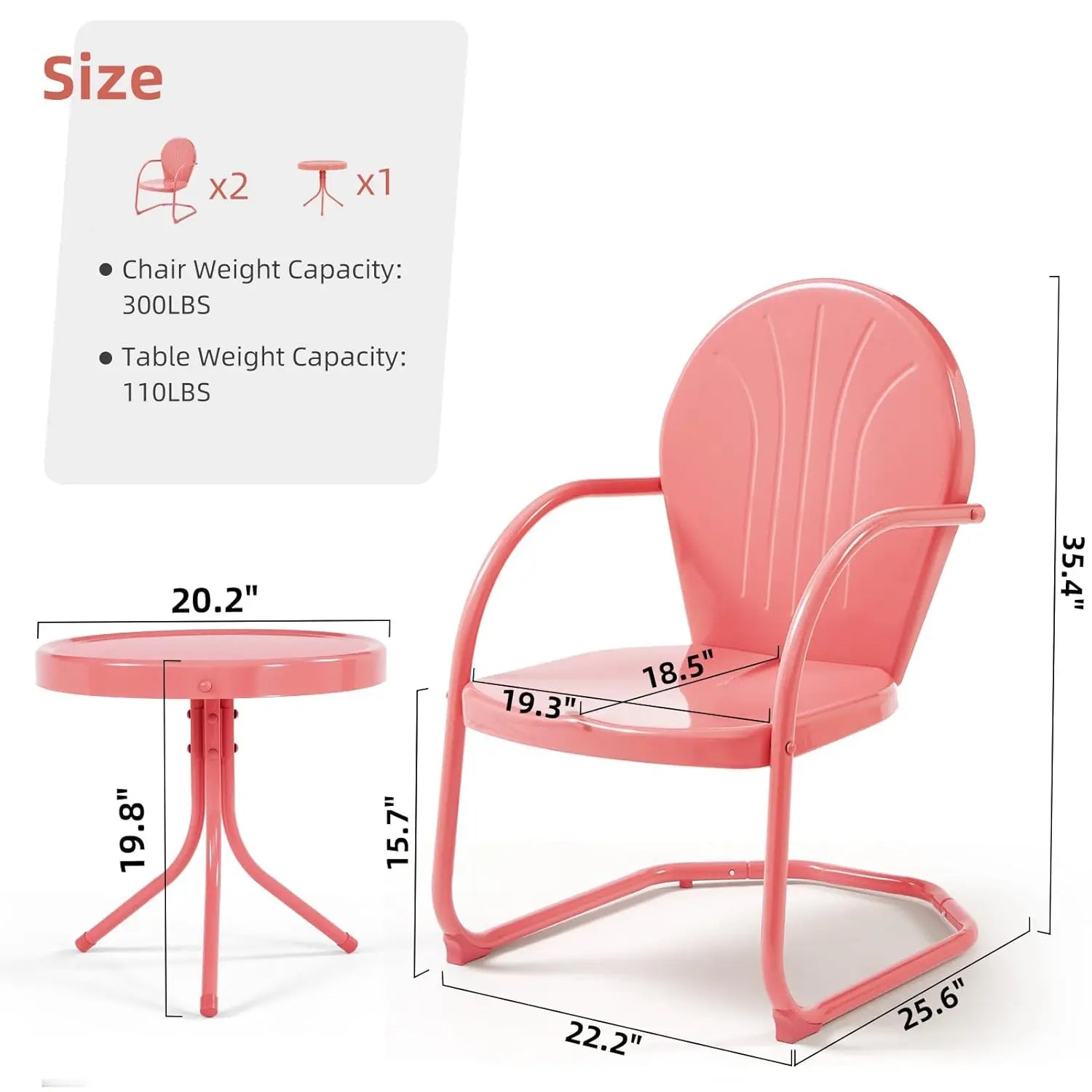 Patio Bistro Set Retro Metal Outdoor Seating Conversation 3 Pieces, 2 C-Spring Motion Armchairs and Round Side Table, for Porch,