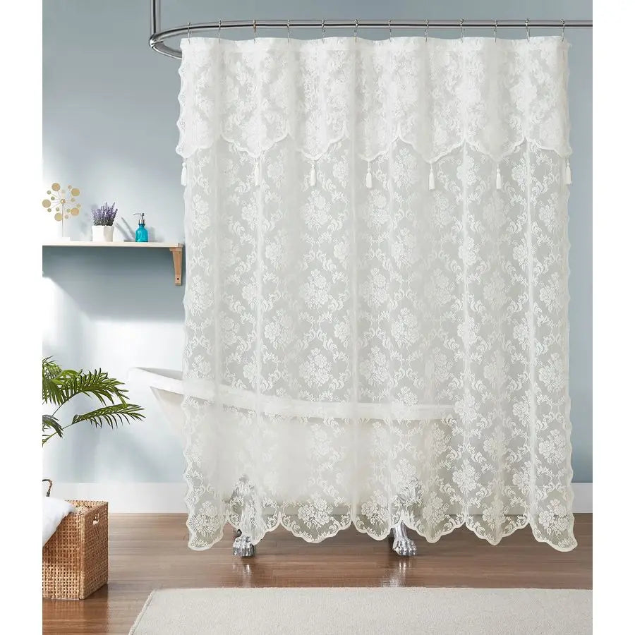 Ivory Shower Curtain with Attached Valance and Elegant Tassels. Standard Size 72 x 72 Lace Shower Curtain for Bathroom. Luxury S