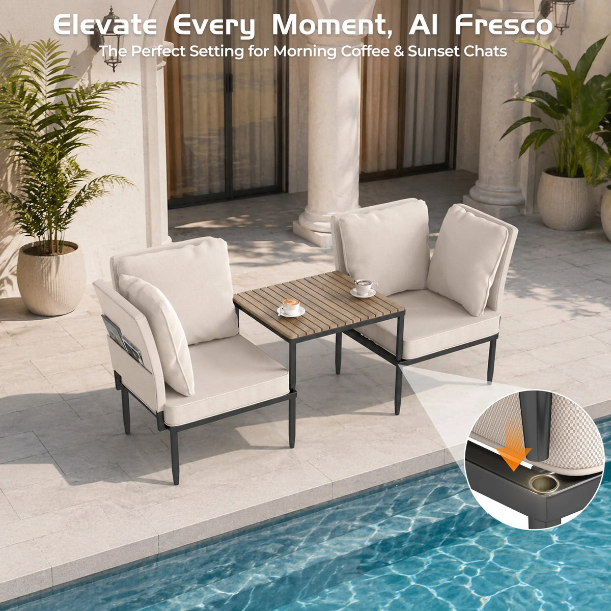Outdoor Sectional 5 in 1 Aluminum Patio Loveseat with Coffee Table Garden Furniture Set Waterproof Cushion Wicker Sofa