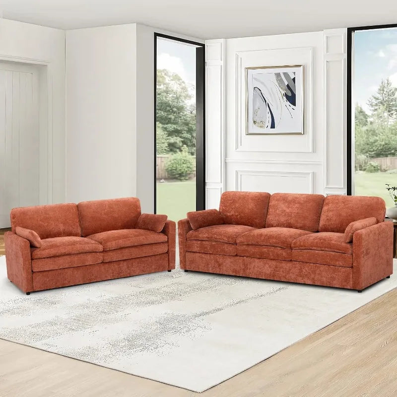 2 Pieces Chenille Couch Set with Well-Filled Pillows, Modern 3 Seats and 2 Seats Sofa with Soft Backrests, Classic Upholstered S