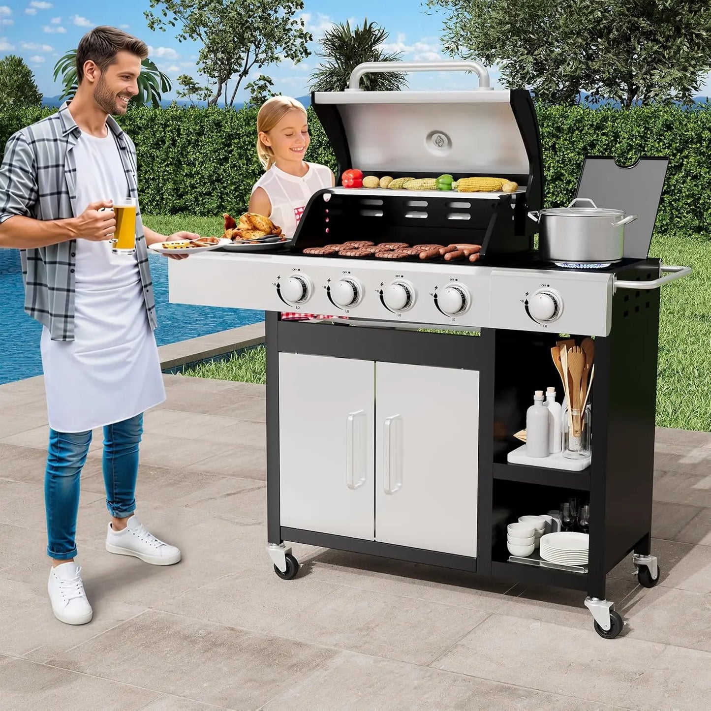 4-Burner Propane Gas Grill with Side Burner- 49,000 BTU Stainless Steel BBQ Grill with Cabinet, Porcelain-Enameled Cast Iron Gra
