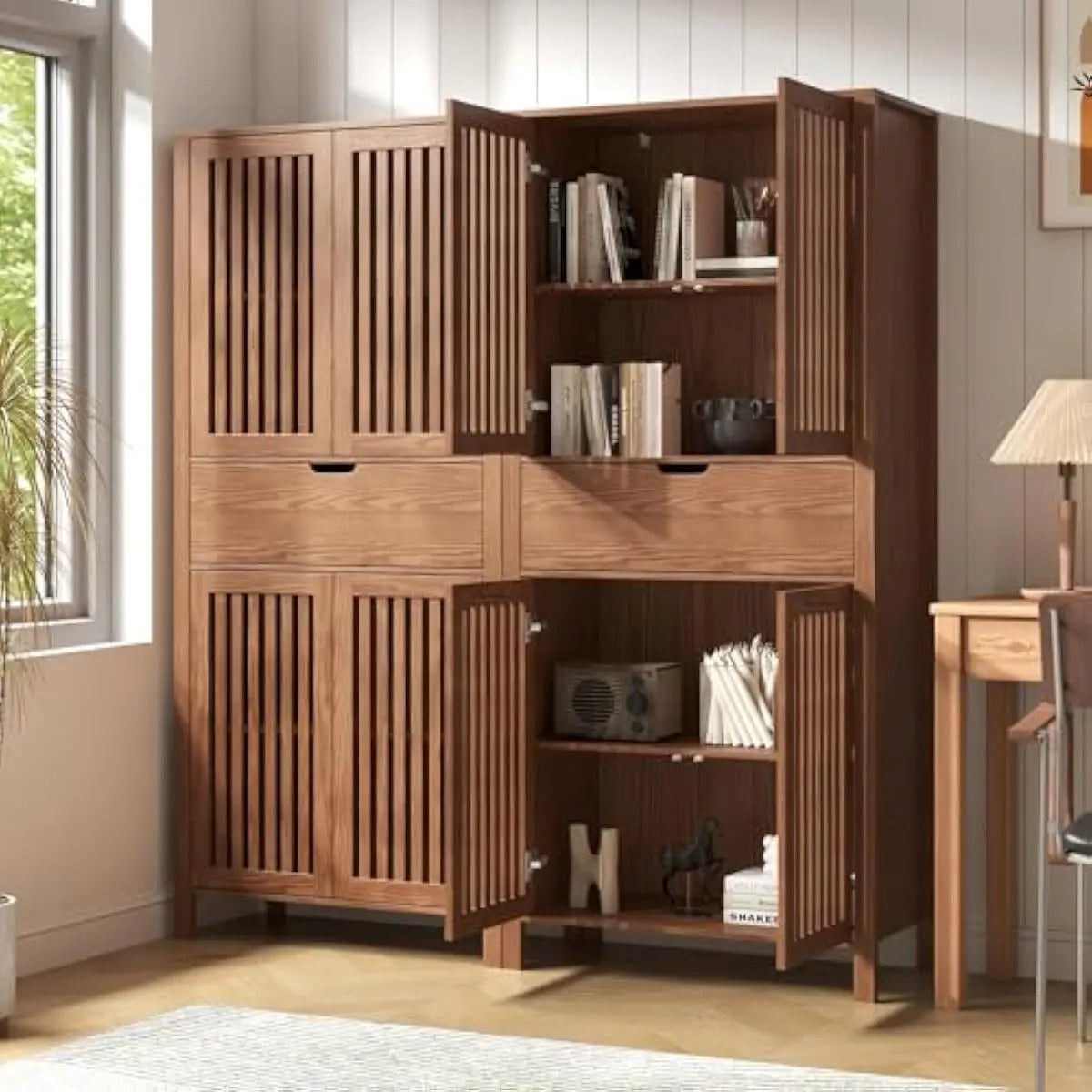 Set of 2 Warm Brown Farmhouse Storage Units – 68.8 Inch Tall with Grille-Front Doors, Adjustable Shelves, Deep Drawer, Elevated
