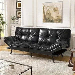 Faux Leather Futon Sofa Bed With Memory Foam Sleeper