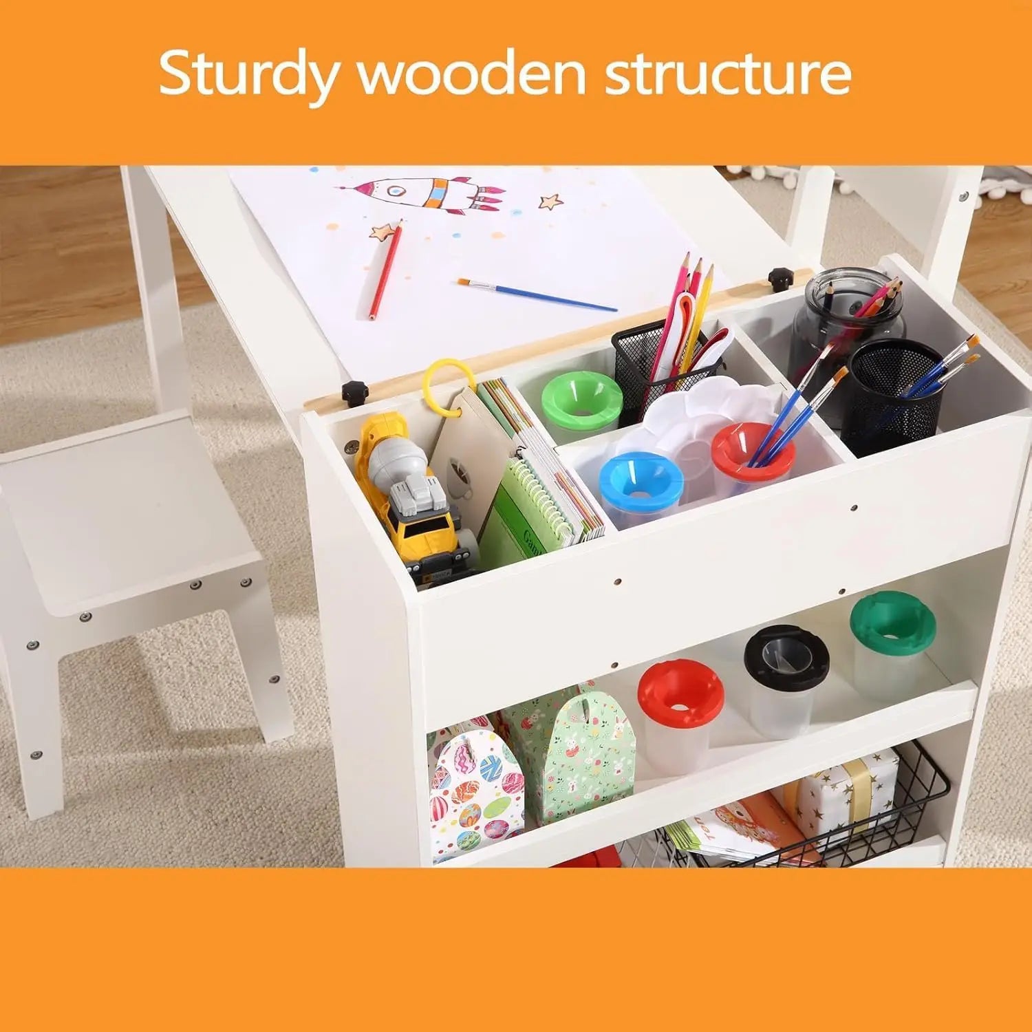 Kids Art Table with 2 Chairs, Toddler Craft Play Wood Activity Desk with Large Storage Shelves for Children&