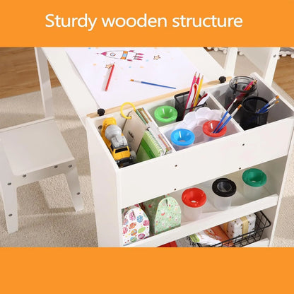 Kids Art Table with 2 Chairs, Toddler Craft Play Wood Activity Desk with Large Storage Shelves for Children&