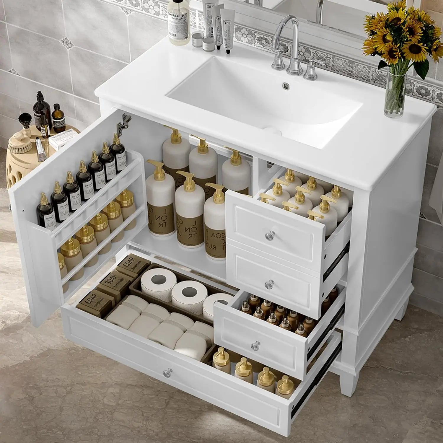 36" Free Standing Bathroom Vanity with Sink, Tip-Out Drawer &amp; 3 Drawers &amp; 2 Doors, Wood Cabinet with Ceramic Basin, Customized