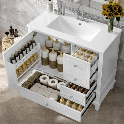 36" Free Standing Bathroom Vanity with Sink, Tip-Out Drawer &amp; 3 Drawers &amp; 2 Doors, Wood Cabinet with Ceramic Basin, Customized