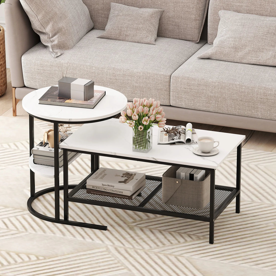 HOMASIS Two Tier Coffee Table Set With Storage Shelves