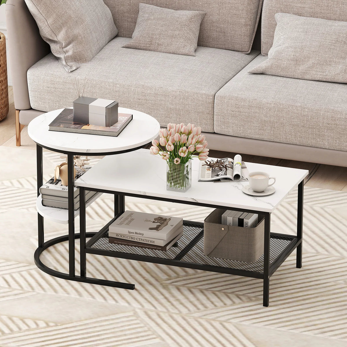 HOMASIS Two Tier Coffee Table Set With Storage Shelves