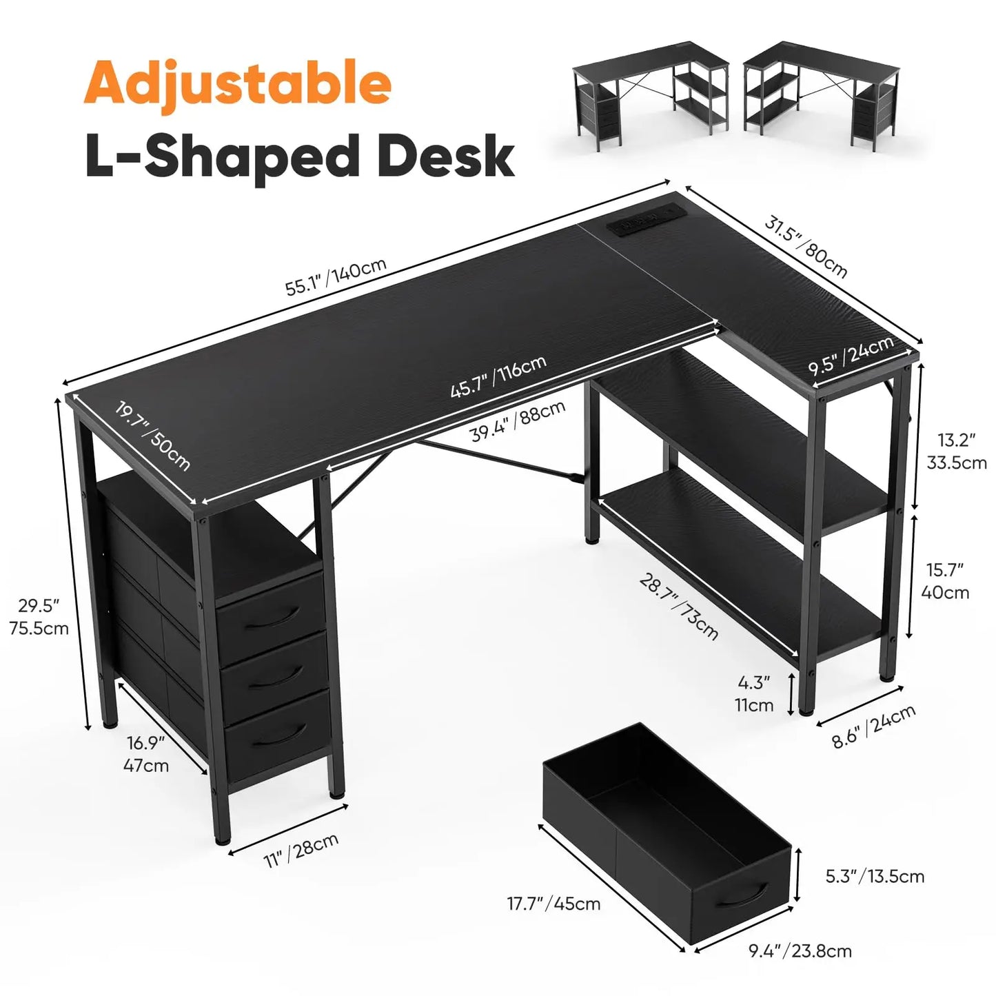 JHK L Shaped Desk With Shelf Drawers And Power Outlet