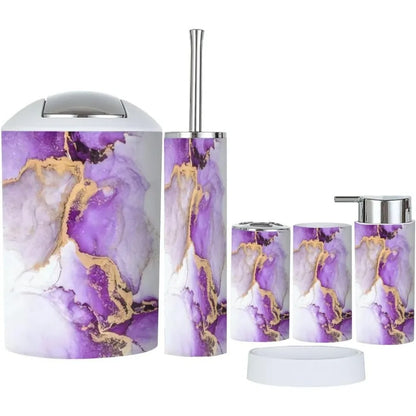 Bathroom Accessory Set 6 Piece Purple Gold Abstract Marble Liquid Ink Art Painting Paper Toothbrush Holder Toothbrush Cup Soap