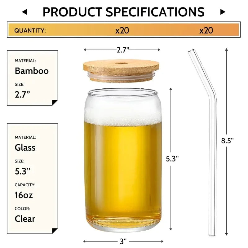 HOT [ 20pcs Set ] Glass Cups with Bamboo Lids and Glass Straw - Beer Shaped 16 oz Iced Coffee Drinking Glasses, Cute Tumbler