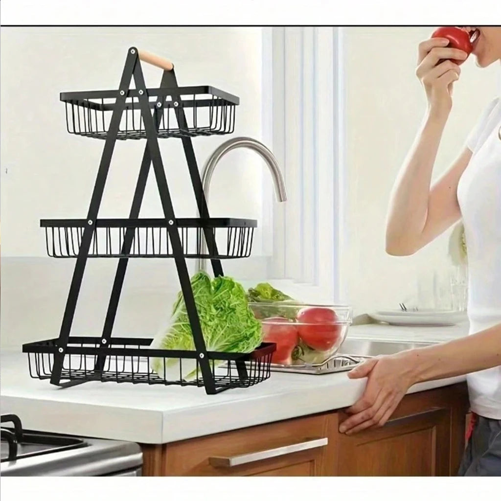 3-Tier Foldable Metal Fruit &amp; Vegetable Storage Rack with Wooden Handle - Kitchen Countertop Organizer Basket for Bread, Produce, Pantry Organization