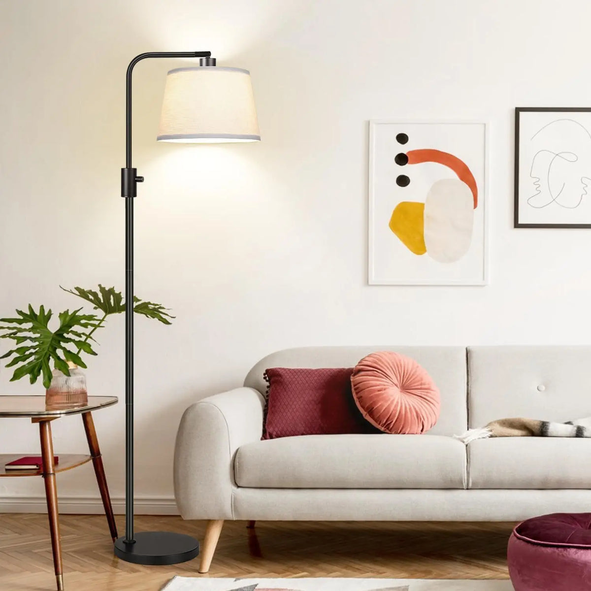 Upgraded Dimmable Floor Lamp, 1000 Lumens LED Bulb Included, Arc Floor Lamps for Living Room Modern Standing Lamp with Linen Shade, Tall Lamp for Bedroom Office Reading Dining Room- Black