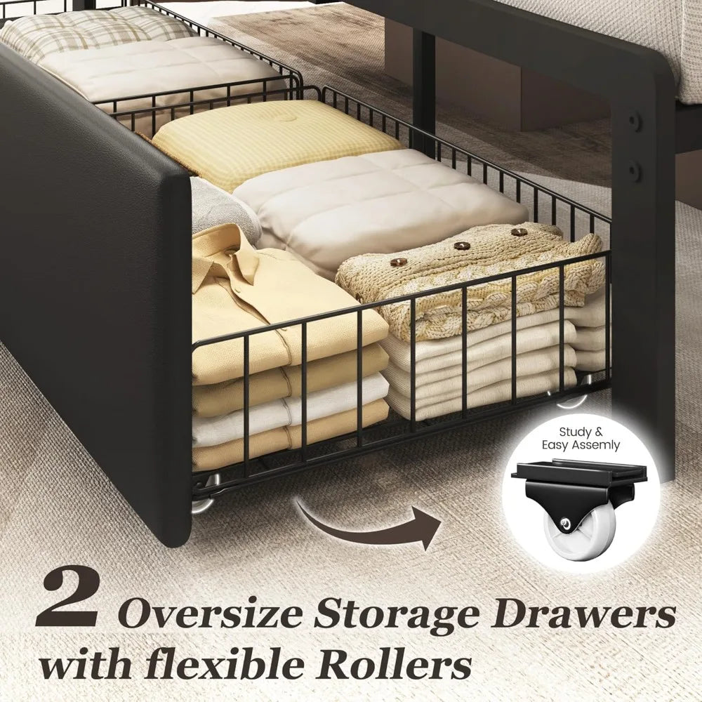 High-concerned Upholstered Bed Frame With 2 Storage Drawers And Charging Station