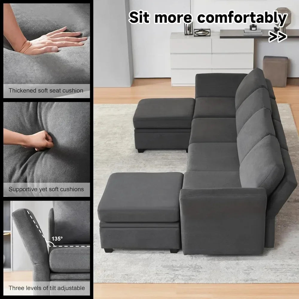 Modular Sectional Sofa with Storage, Convertible Modular Sofa Couch with Ottomans, U Shaped Sectional Couch for Living Room