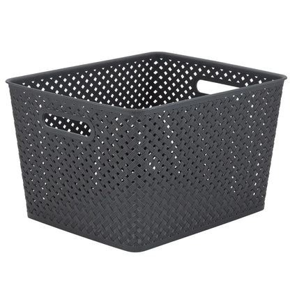 Large Storage Bin Gray Resin Wicker Lightweight Organizing Basket with Handles for Home Storage