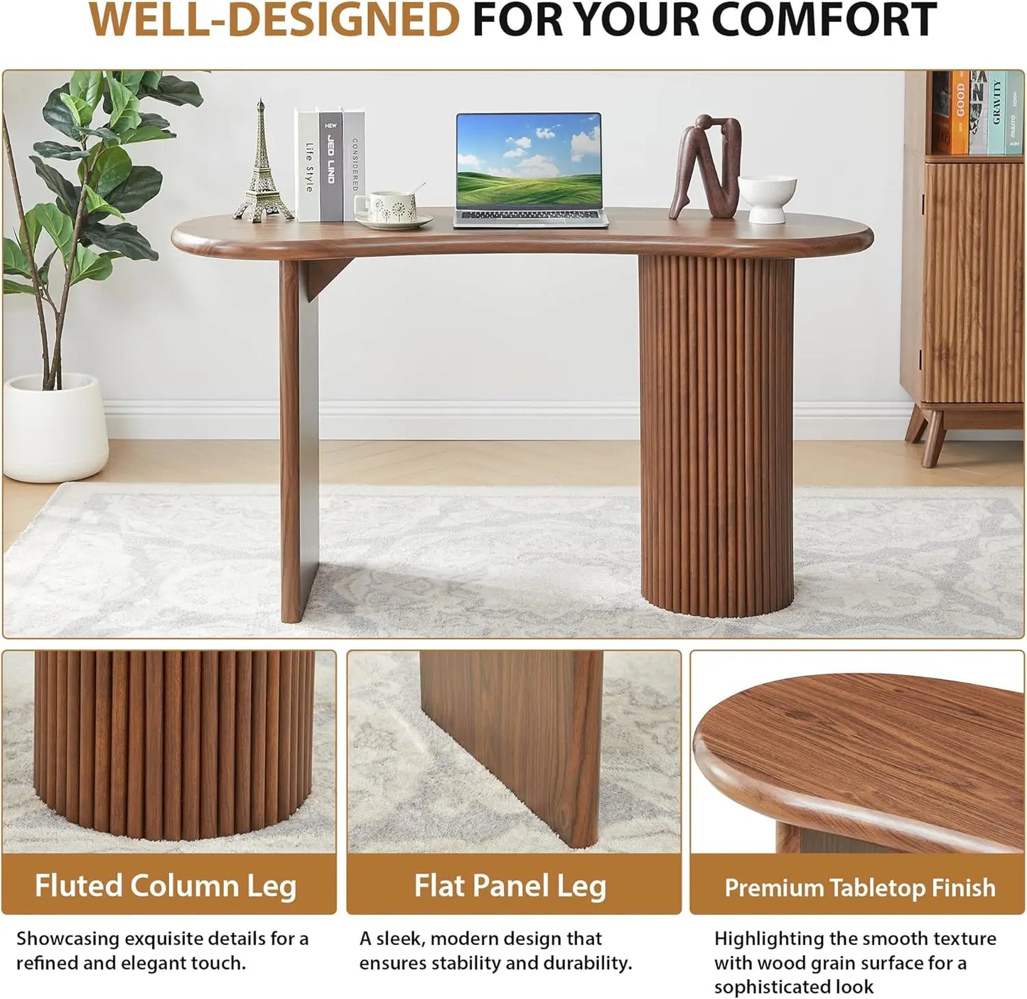 XMSJ Curved Computer Desk With Sturdy Fluted Legs Modern