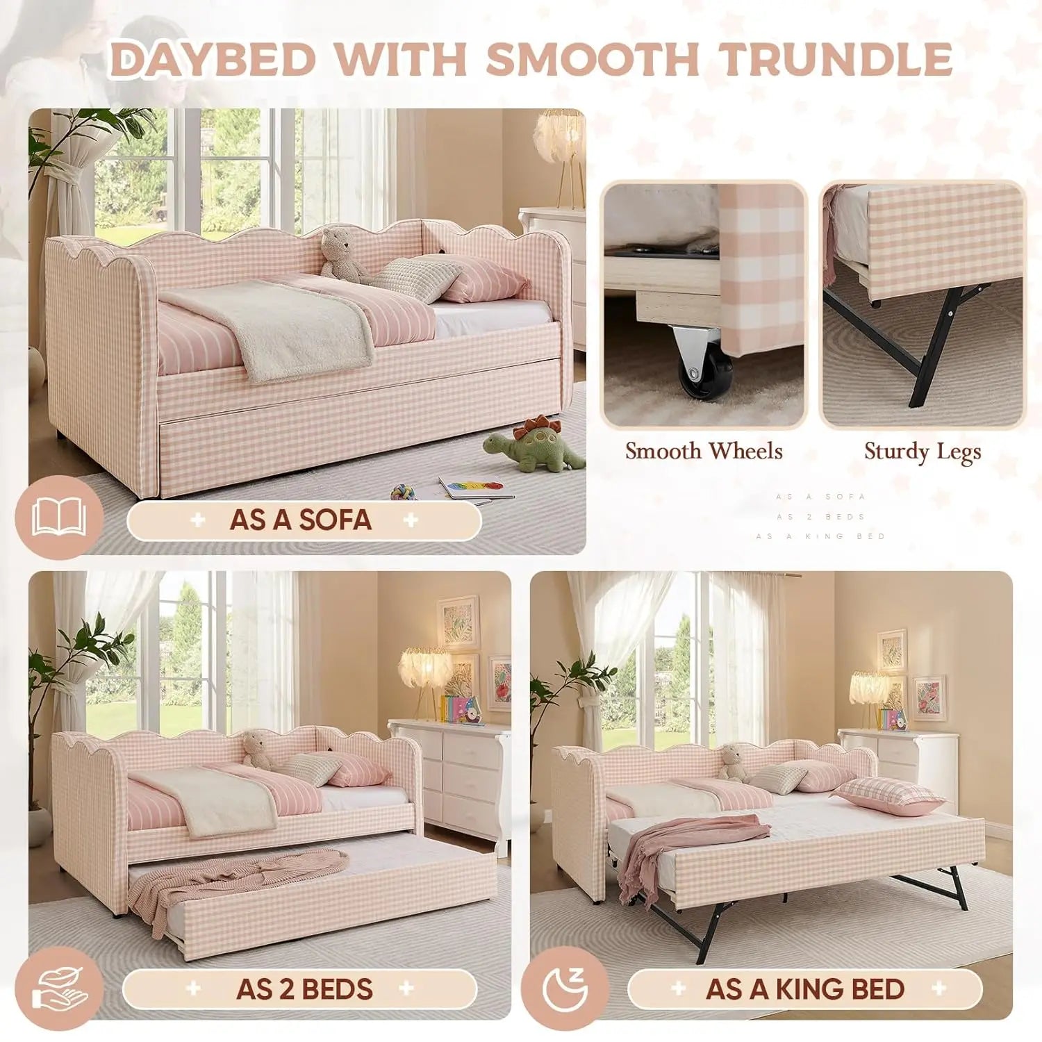 Twin Daybed Pop Up Trundle Linen Upholstered Convertible Sofa Bed Guest Room No Box Spring Customized