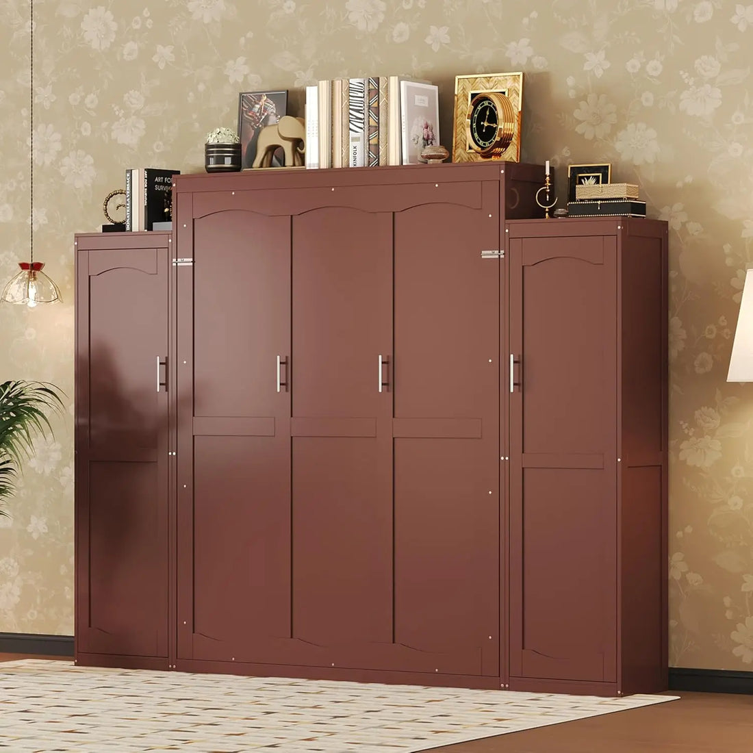 Queen Murphy Bed Wood Wall Bed with 2 Closets &amp; Storage Shelf Foldable Platform Frame for Guest Room Bedroom Walnut, Customized