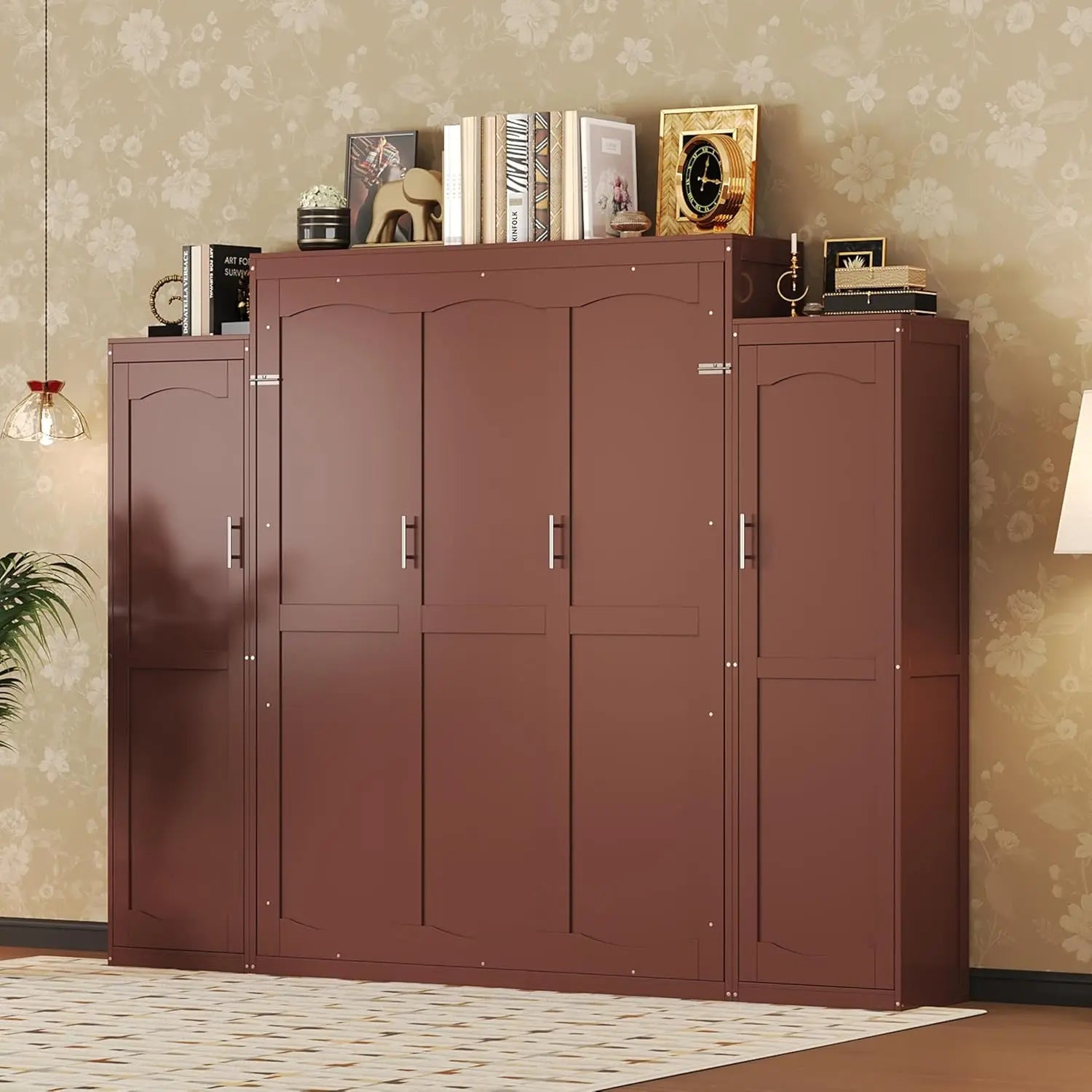 Queen Murphy Bed Wood Wall Bed with 2 Closets &amp; Storage Shelf Foldable Platform Frame for Guest Room Bedroom Walnut, Customized