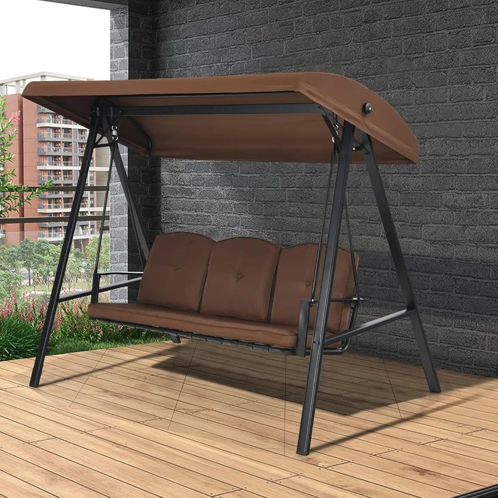 3-Seater Porch Swing, Outdoor Swing with Adjustable Tilt Canopy &amp; Removable Soft Cushions, Powder-Coated Steel Frame Patio Swin