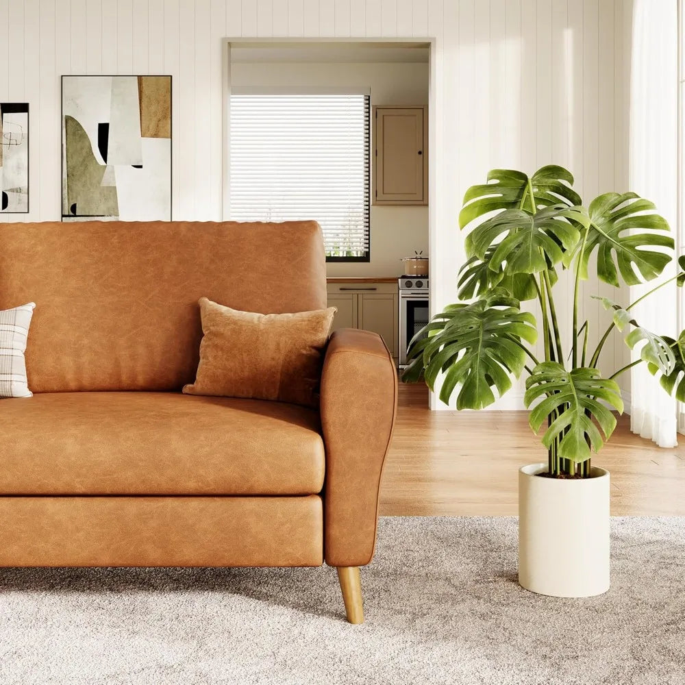 84 Inch Sofa Couch, Large 3-Seater Sofa w/Streamlined Armrests, PU Leather Loveseat Wood Feet, Comfy Couch for Living Room