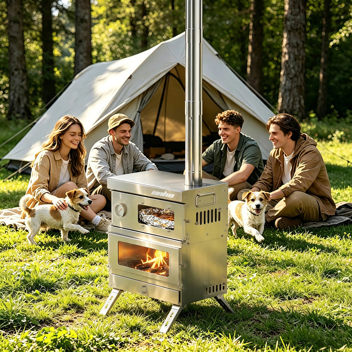 Unho Portable Wood Burning Camping Stove with Oven and Chimney