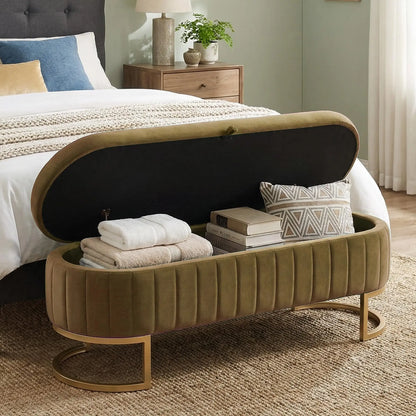 51in Velvet Tufted Storage Ottoman Bench with Flip-Top Lid and Gold Metal Legs