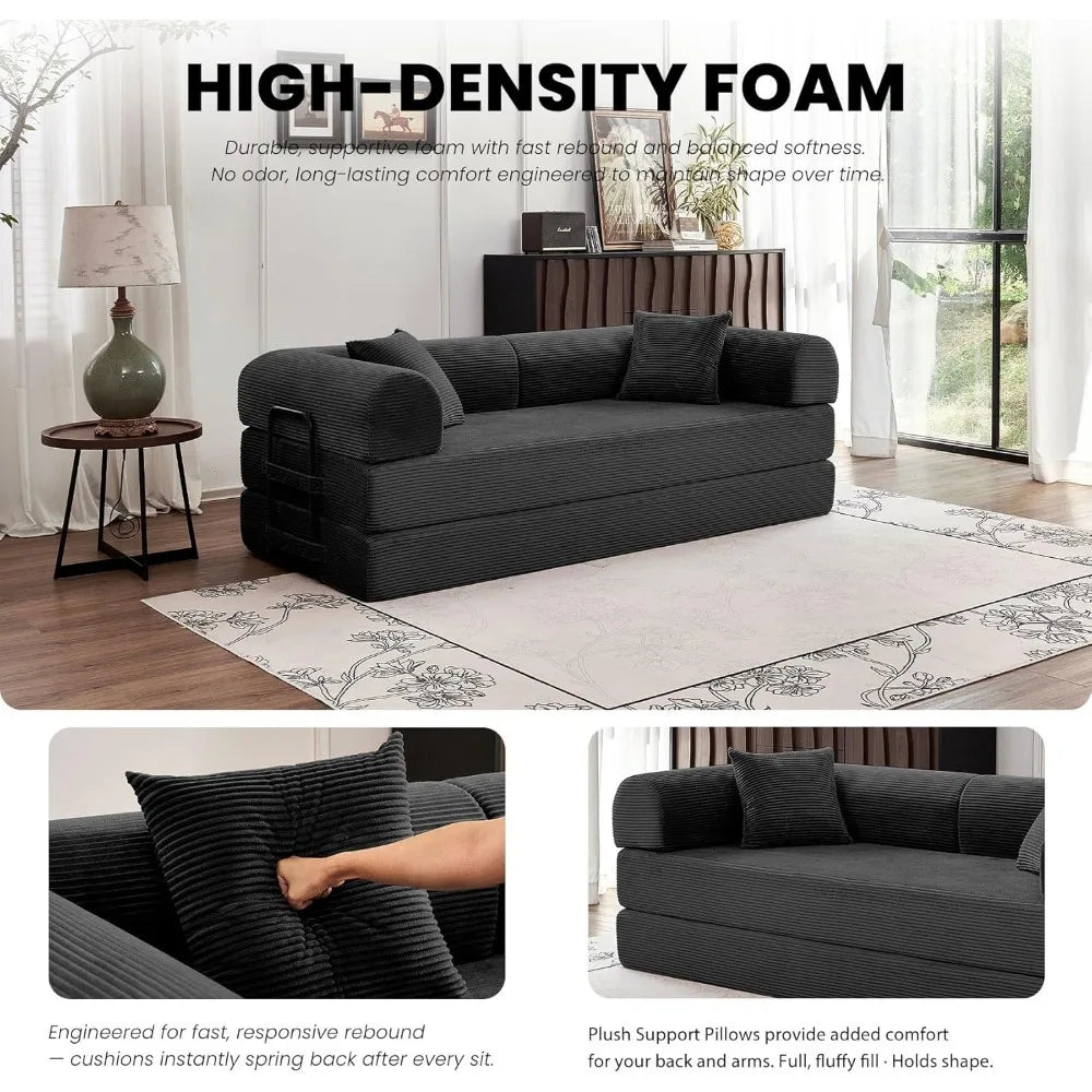 79 Inch Convertible Floor Sofa Bed 5 in 1 Fold Out Sleeper Modular Lounge Couch for Living Room Bedroom Black