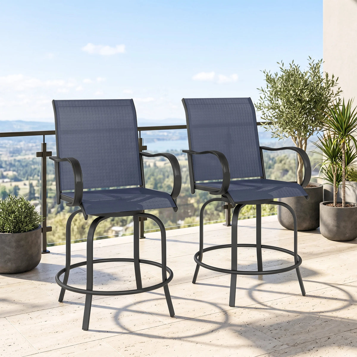 Outsunny Outdoor Bar Stools Set of 2 W/ Armrests, Bar Height Chairs, Blue