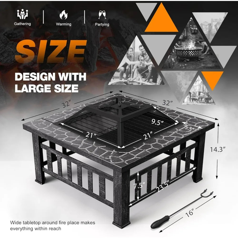 Outdoor Metal Fire Pit Table with Waterproof Cover for Patios