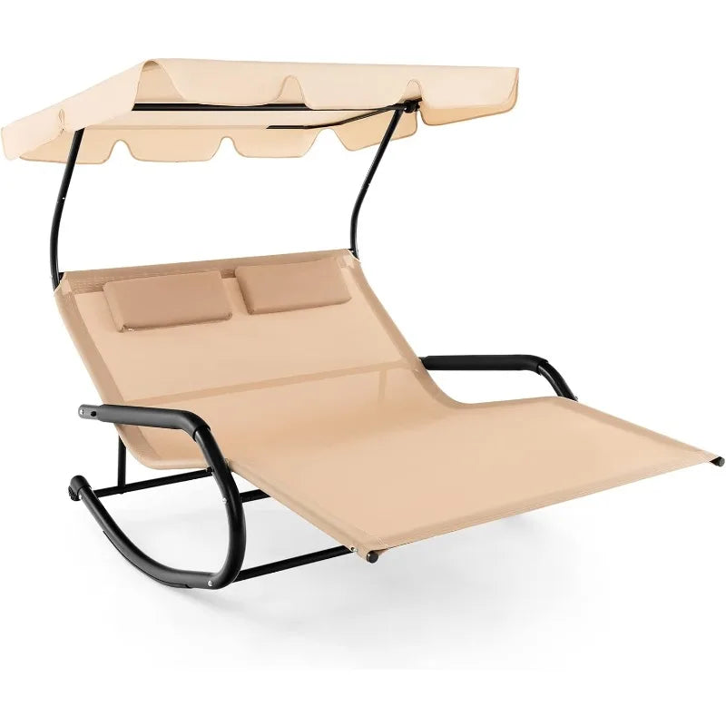 2 Person Lounge Chair with Adjustable Canopy, Outdoor Chaise Lounge with 2 Detachable Pillows and Wheels, Extra Large D