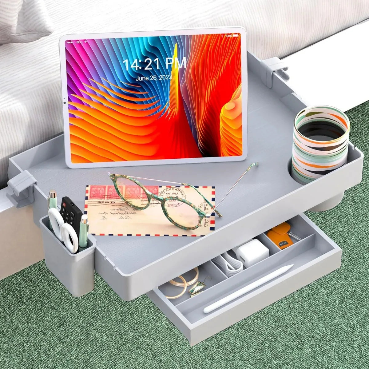 Bedside Shelf for Bed, Foldable Bunk Bed Shelf Clip On Nightstand Tray College Dorm Room Essential Table Caddy with Cup Holder