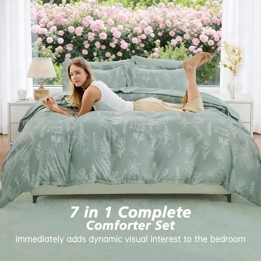 Queen Comforter Set 7 Pieces, Sage Green Bed in a Bag Queen Reversible Botanical Flowers Design, Ultra Soft amp Breathable Beddi